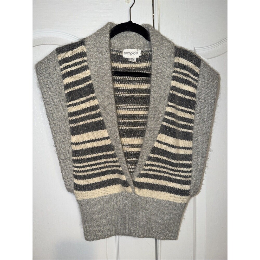 Vtg Silk Angora Wool Sweater Vest Women Large Gray Knit Stripe Soft Sleeveless